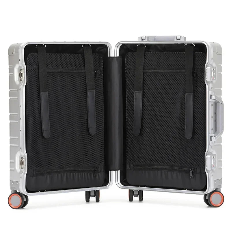 Secure TSA-approved combination locks on Vienna Voyager aluminium-magnesium hardshell luggage for safe travel.