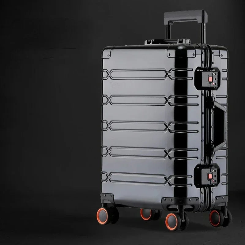 Close-up of durable aluminium-magnesium shell of Vienna Voyager premium hardshell luggage, built for travel.