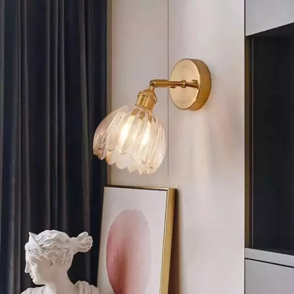 "Vintage floral tulip glass wall lamp, tulip-shaped shade, multi-color options, elegant retro design, adds warm soft light."
