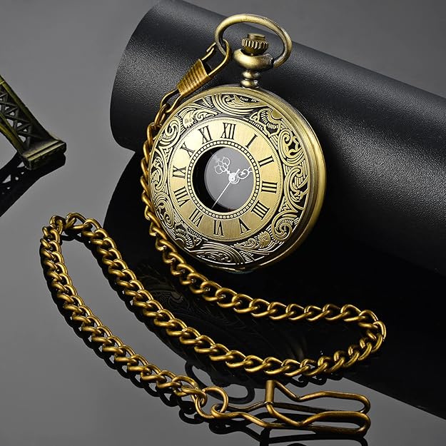 Classic vintage pocket watch with chain, showcasing its slim profile & polished finish.