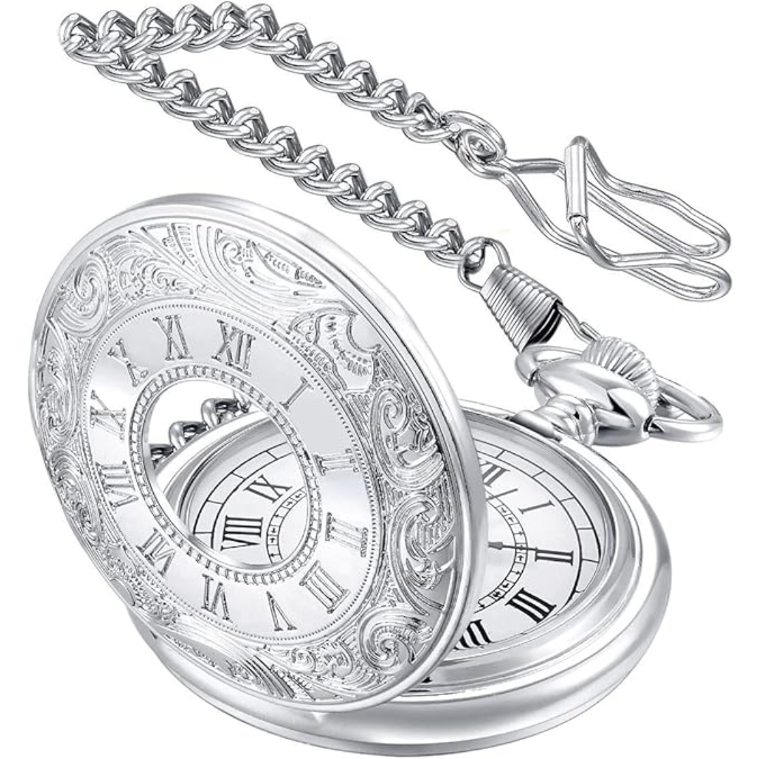 Unisex antique style pocket watch, precise quartz movement, long decorative chain.