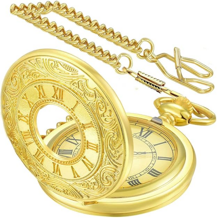 Gift-ready vintage quartz pocket watch with chain, a classic timepiece for any occasion.