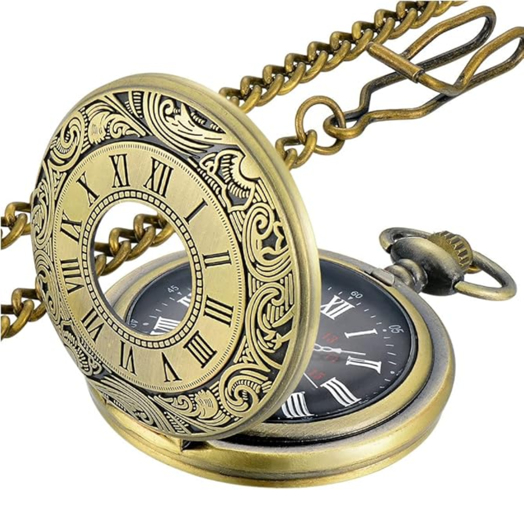 Retro-inspired quartz pocket watch with chain, a stylish classic accessory for all.
