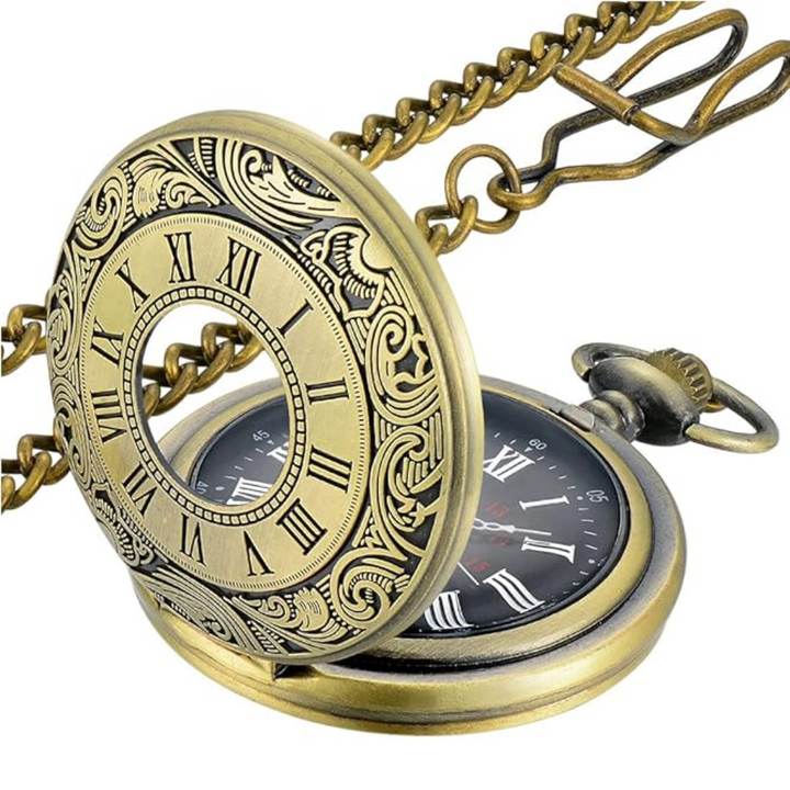 Retro-inspired quartz pocket watch with chain, a stylish classic accessory for all.