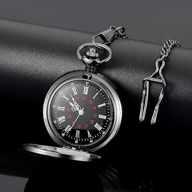 Antique style pocket watch, white dial, black Roman numerals & long chain.
