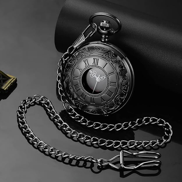 Polished silver-tone vintage quartz pocket watch with chain, elegant unisex gift.