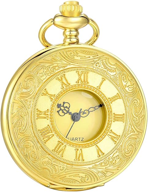 Men's vintage quartz pocket watch with chain, classic antique style accessory.