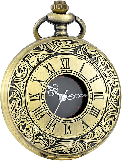 Close-up of vintage quartz pocket watch face, clear Roman numerals & intricate details.