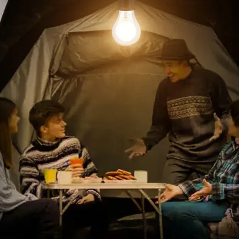 Rechargeable vintage LED camping light with waterproof design. Provides warm ambiance for outdoor adventures.