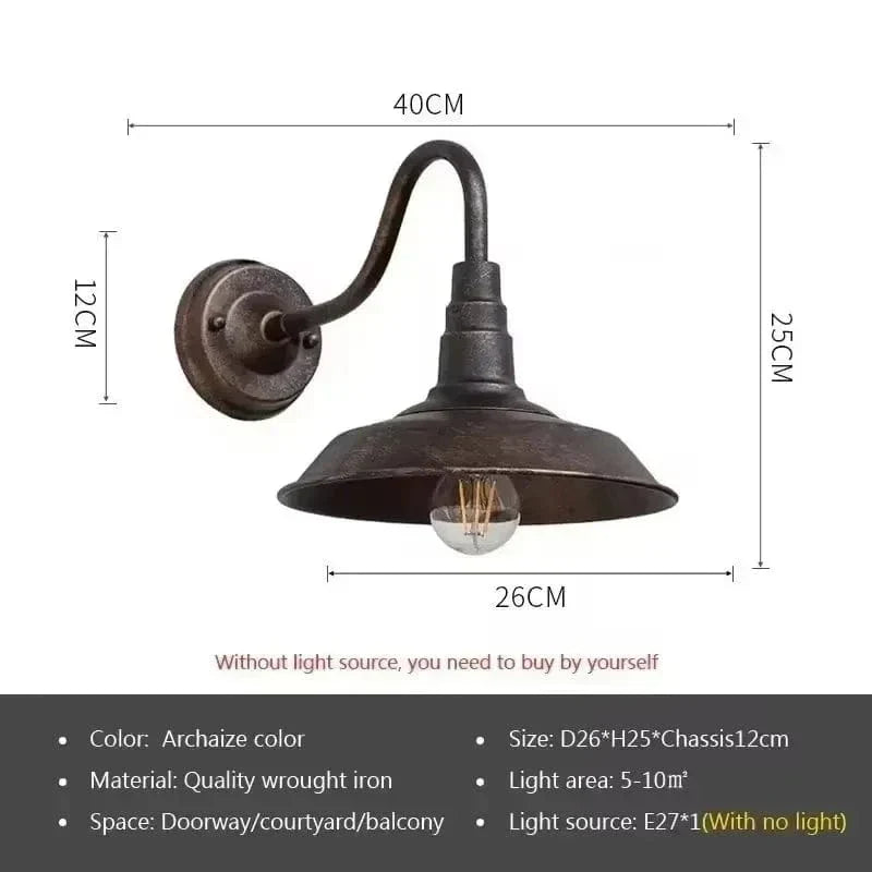 Retro LED Wall Light in wrought iron, vintage style for indoor/outdoor use, available in gold, antiqued, silver, and black finishes.