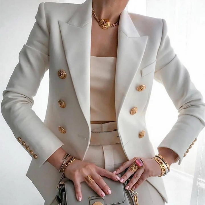 Tailored vintage ladies blazer with double buttons, a classic elegant office jacket for professional women's attire.