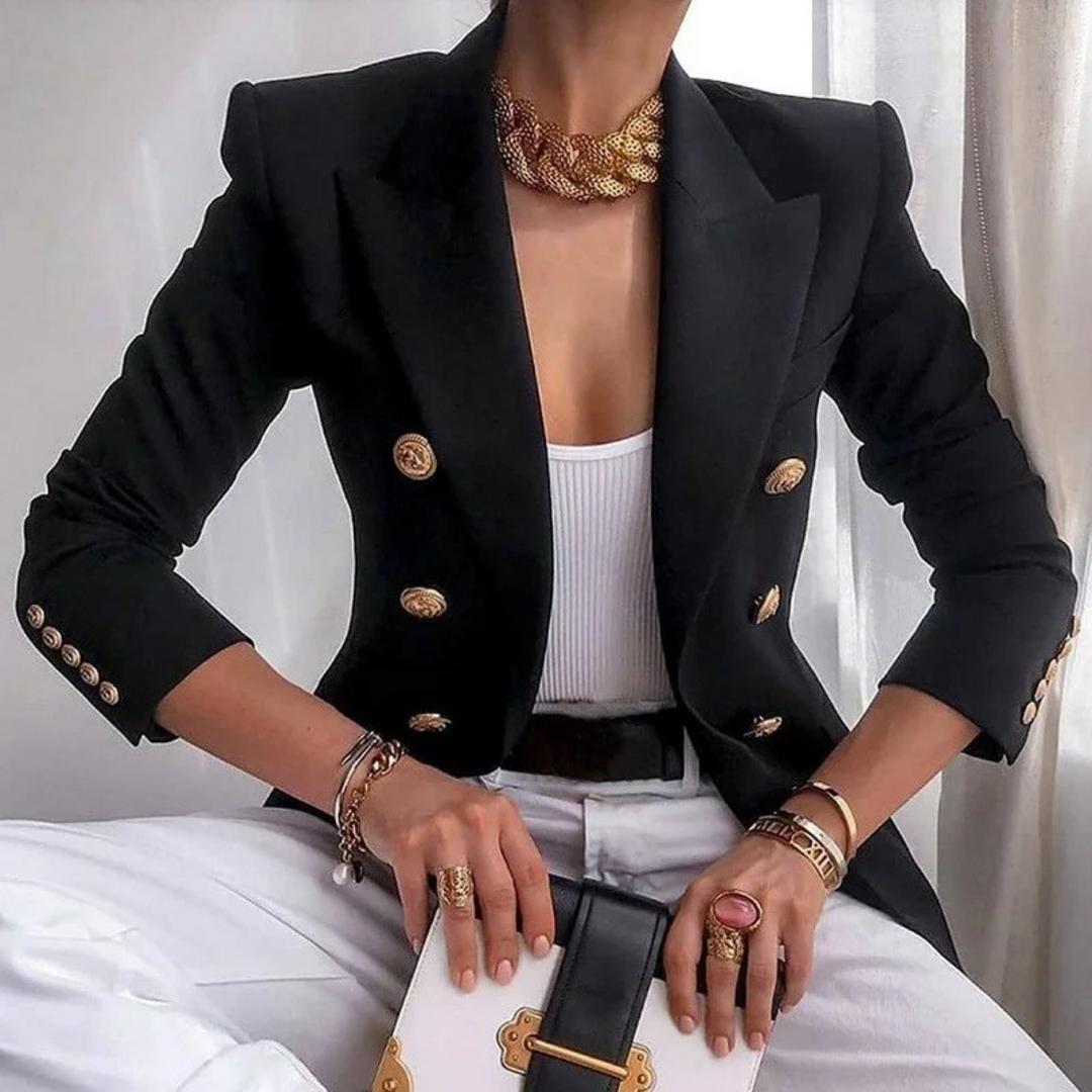 Classic ladies double-breasted jacket, vintage style tailored blazer perfect for elegant professional or casual attire.