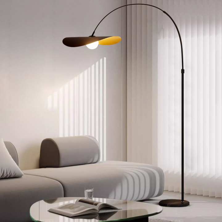 "Wabi Sabi Floor Lamp, iron and acrylic design, handcrafted, emits ambient light, adjustable height for home decoration."