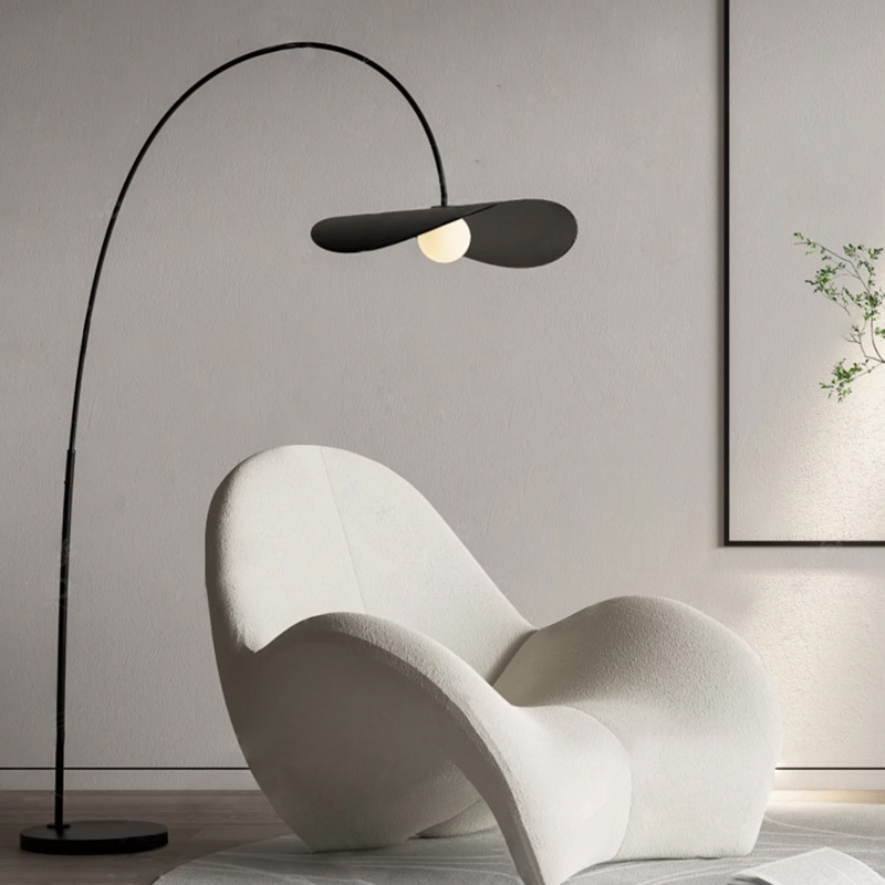 "Wabi Sabi Floor Lamp, iron and acrylic design, handcrafted, emits ambient light, adjustable height for home decoration."