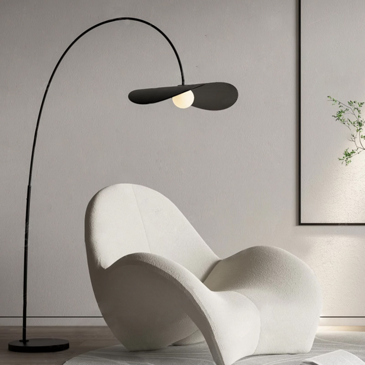 "Wabi Sabi Floor Lamp, iron and acrylic design, handcrafted, emits ambient light, adjustable height for home decoration."