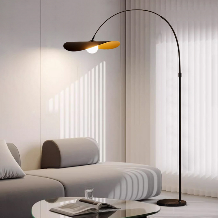 "Wabi Sabi Floor Lamp, iron and acrylic design, handcrafted, emits ambient light, adjustable height for home decoration."