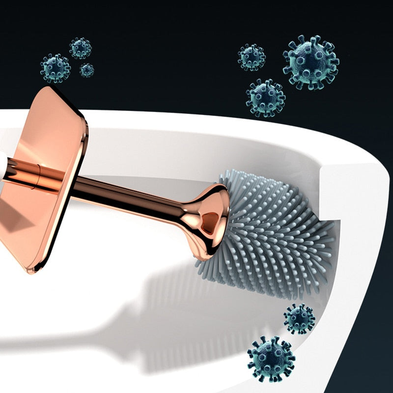 Wall-mounted toilet brush with sleek holder; keeps bathroom floor clear and organized. Hygienic design.
