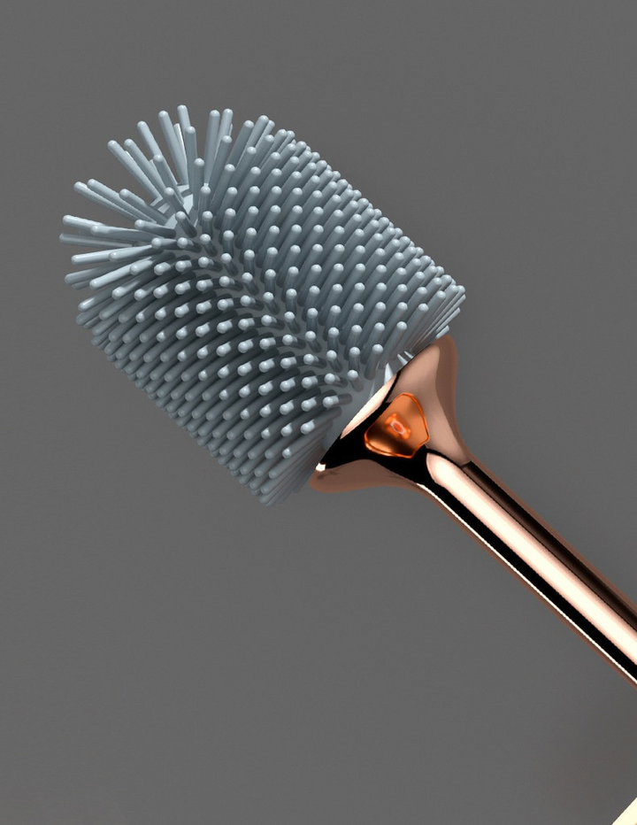 Contemporary wall-mount toilet brush for a hygienic bathroom. Integrated holder saves valuable floor space.