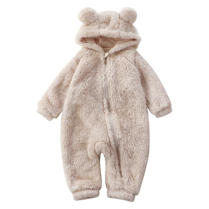 Warm flannel bear hooded onesie for baby, perfect winter outfit & comfy sleepwear for infants.