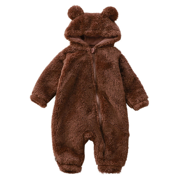 Adorable unisex baby bear jumpsuit. Soft flannel romper, ideal for toddler sleepwear & winter play.