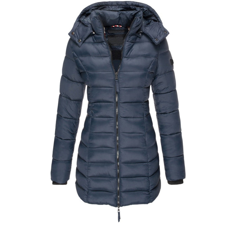 Warm Women's Olivia hooded down jacket, perfect for cold weather. Stylish winter coat, cozy outerwear.