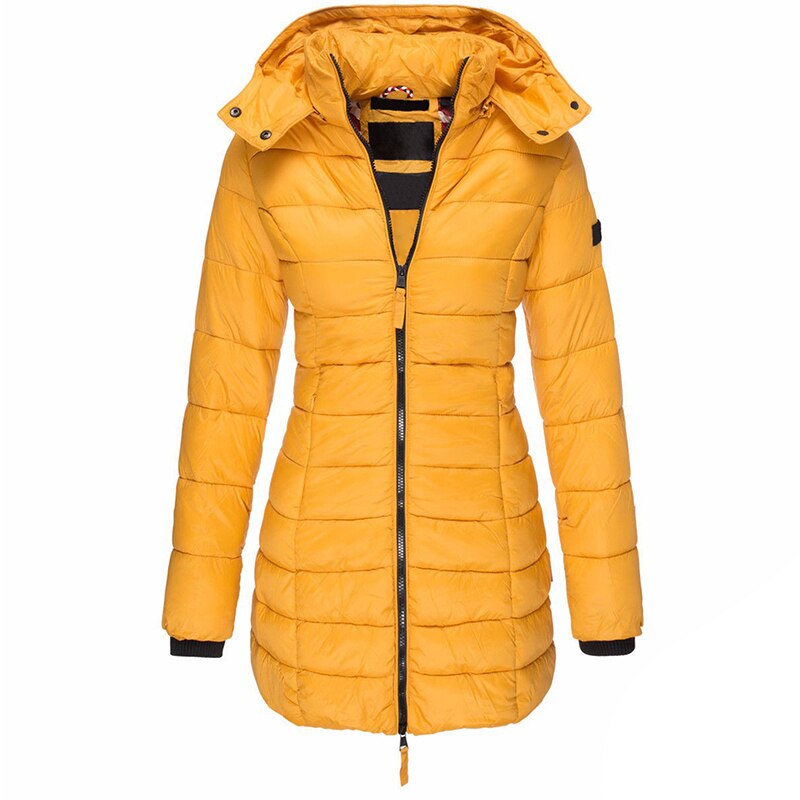 Stylish long women's hooded winter coat, Olivia down jacket for cozy fall & cold weather fashion.
