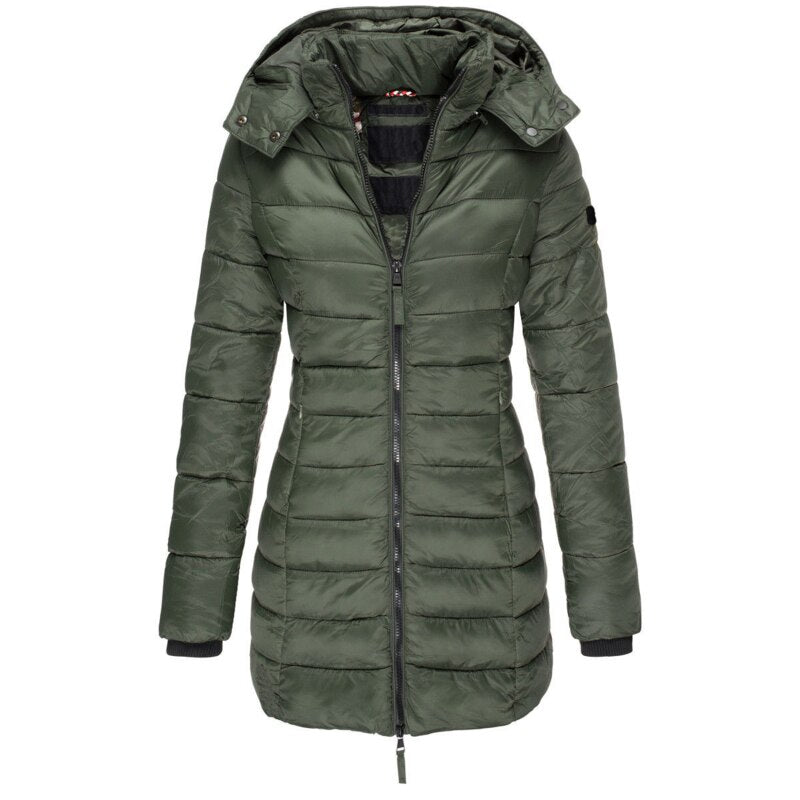 Cozy women's hooded down jacket, Olivia, ideal warm outerwear for everyday winter and fall fashion.