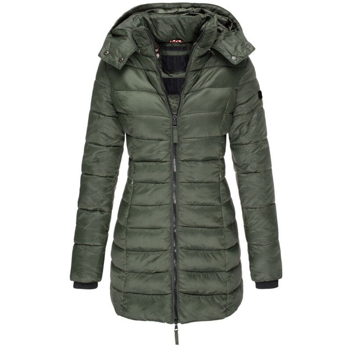 Cozy women's hooded down jacket, Olivia, ideal warm outerwear for everyday winter and fall fashion.