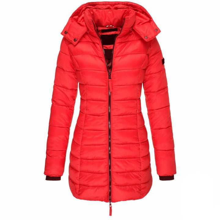 Protective women's Olivia hooded down winter jacket. Warm, long coat for cold weather, stylish everyday wear.