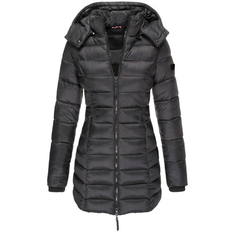 Warm hooded women's Olivia down jacket. Cozy winter coat, stylish fall outerwear for cold weather fashion.