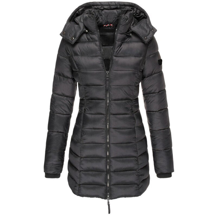 Warm hooded women's Olivia down jacket. Cozy winter coat, stylish fall outerwear for cold weather fashion.