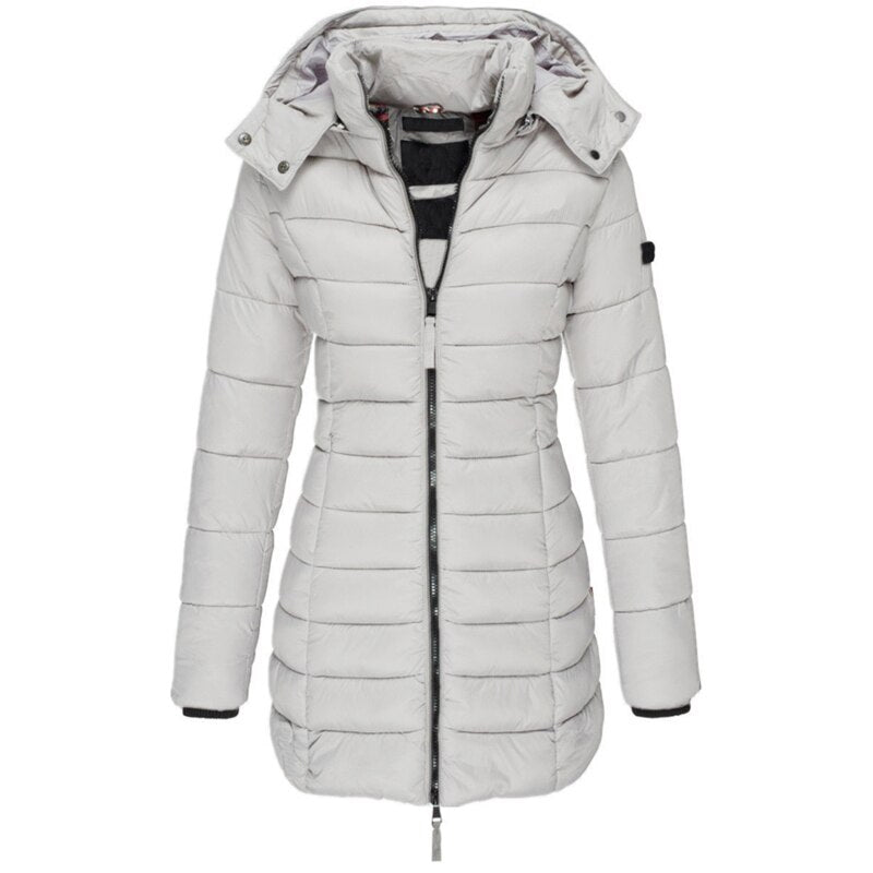 Comfortable & warm women's Olivia hooded down jacket, a stylish long winter coat for cold weather adventures.