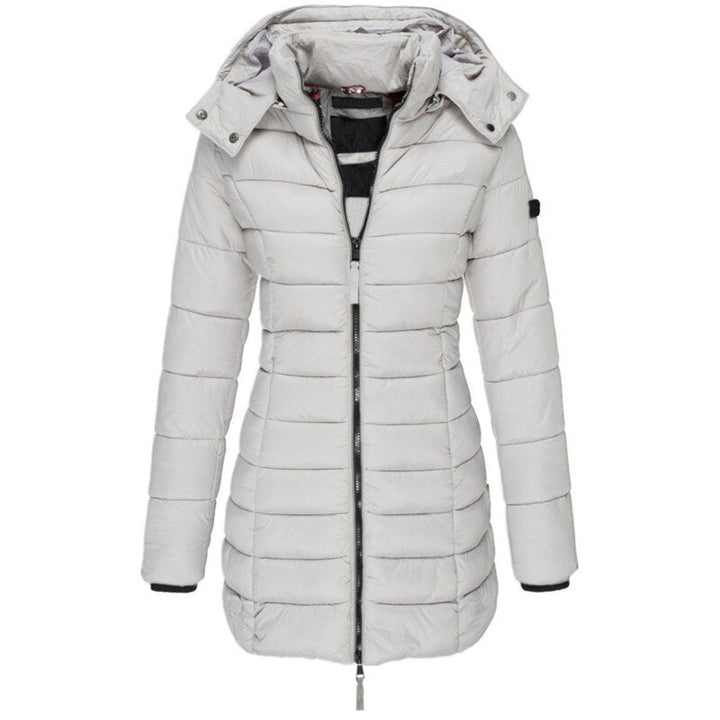 Comfortable & warm women's Olivia hooded down jacket, a stylish long winter coat for cold weather adventures.