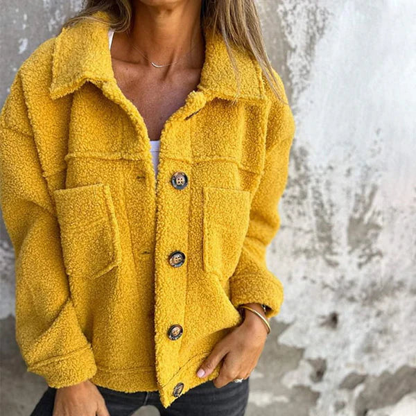Warm women's teddy coat with stylish lapel collar, perfect fall & winter outerwear for cozy fashion.