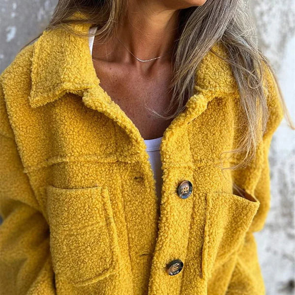 Cozy women's teddy jacket with elegant lapel collar & button closure, ideal casual fall outerwear.