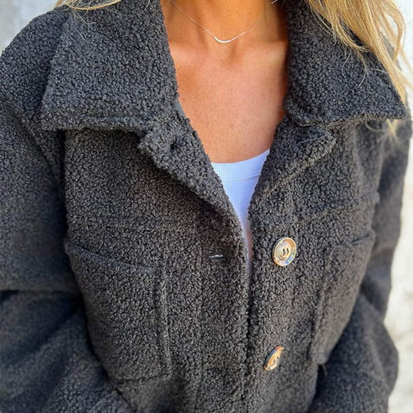 Versatile women's warm teddy jacket, a stylish outerwear piece with classic lapel design for fall.