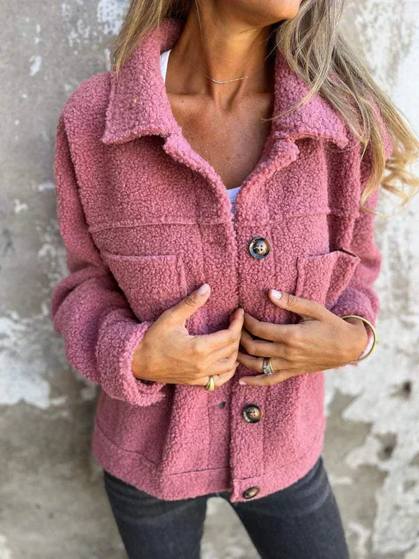 Plush women's teddy coat with elegant lapel collar, a warm & stylish addition to women's fall wardrobe.