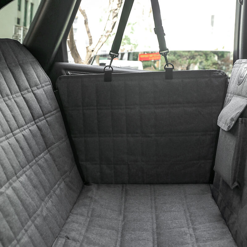 "Waterproof dog car seat cover with mesh window, black, universal fit, breathable and durable for comfortable pet travel."