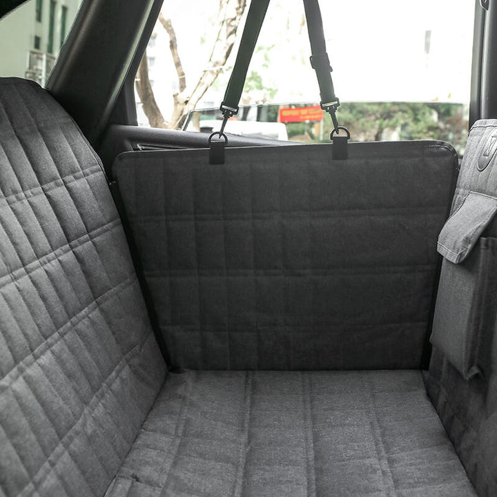 "Waterproof dog car seat cover with mesh window, black, universal fit, breathable and durable for comfortable pet travel."