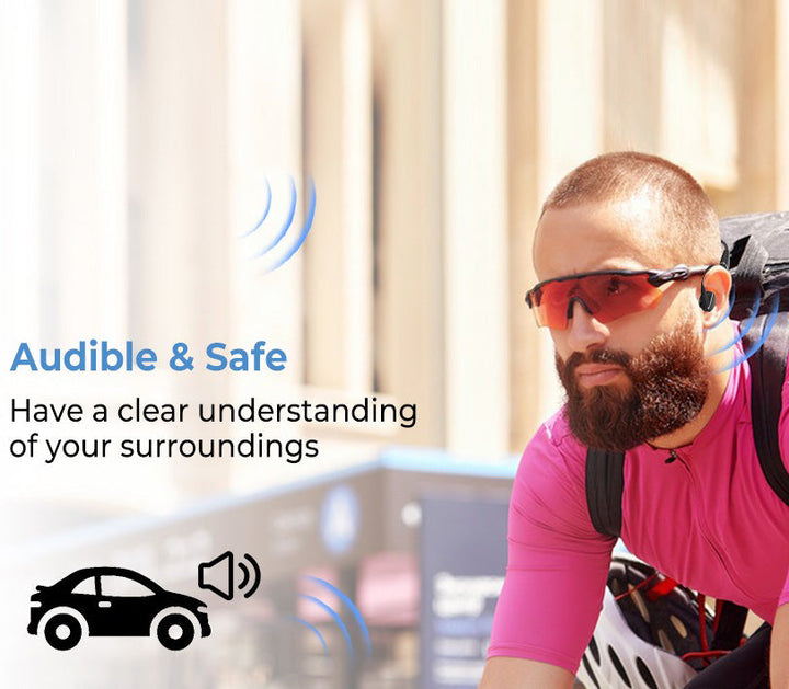 "Waterproof open-ear wireless headphones with bone conduction tech, ideal for active use, in sleek black design."