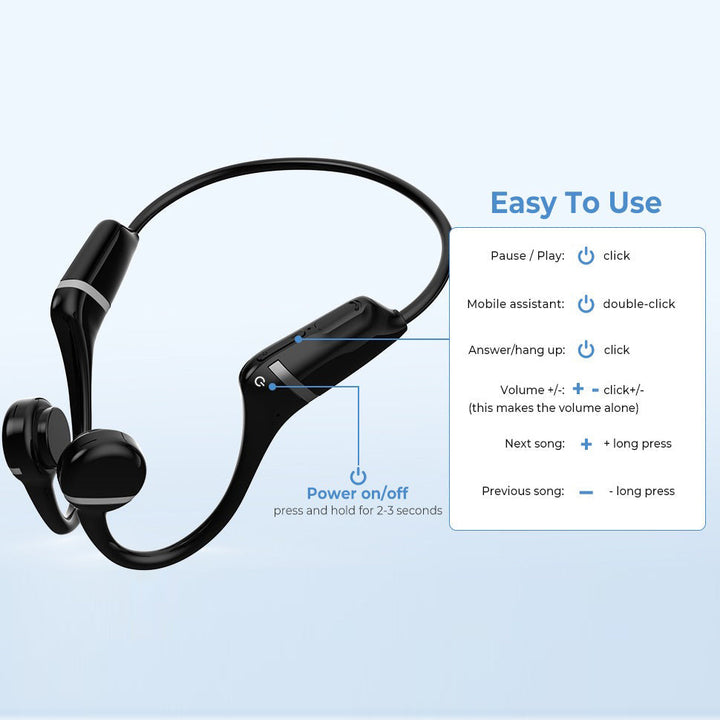 "Waterproof open-ear wireless headphones with bone conduction tech, ideal for active use, in sleek black design."