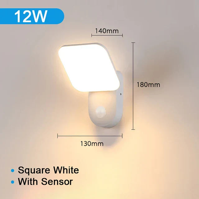 Waterproof outdoor LED wall light with PIR motion sensor, modern design, black aluminum, IP65 rated, enhancing exterior.