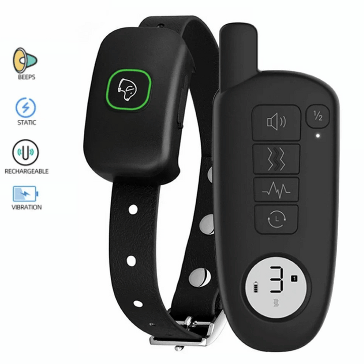 "Waterproof smart dog training collar with remote, 300m range, durable design for effective indoor/outdoor pet training."