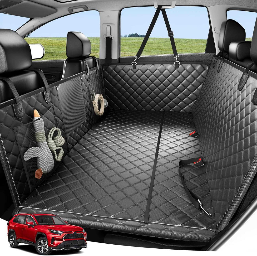 Waterproof triple panel dog car seat hammock for large pets. Backseat protector & travel safety cover.