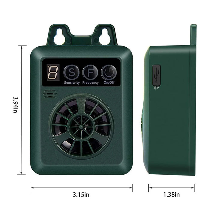 Weather-resistant outdoor ultrasonic anti-bark device; sleek design, pet-friendly; ideal for gardens; easy installation.