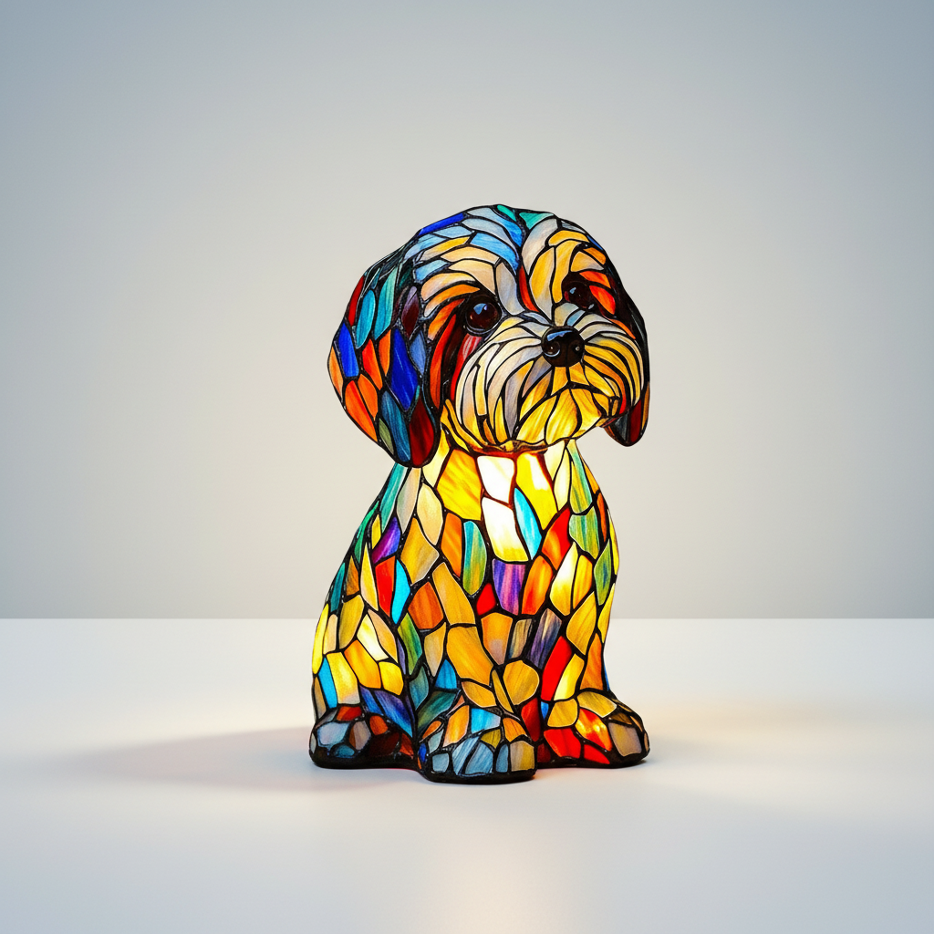 Whimsical stained glass dog LED night light. Perfect table lamp for animal lovers & unique home decor.