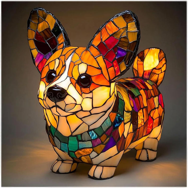 Compact stained glass dog LED night light. A decorative table lamp that brings character to home decor.