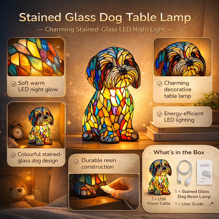 Decorative LED dog night light table lamp. Stained glass design adds charming accent to any home decor.