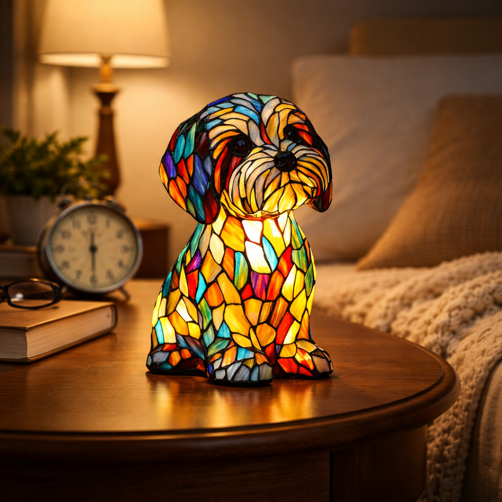 Resin & stained glass dog table lamp with LED light. Ideal accent for whimsical animal-themed home decor.