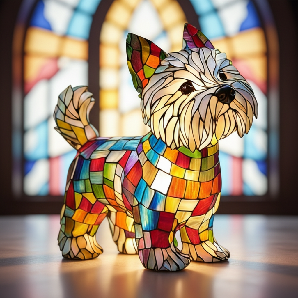 Charming stained glass dog LED night light. A unique table lamp & perfect gift for dog lovers' home decor.